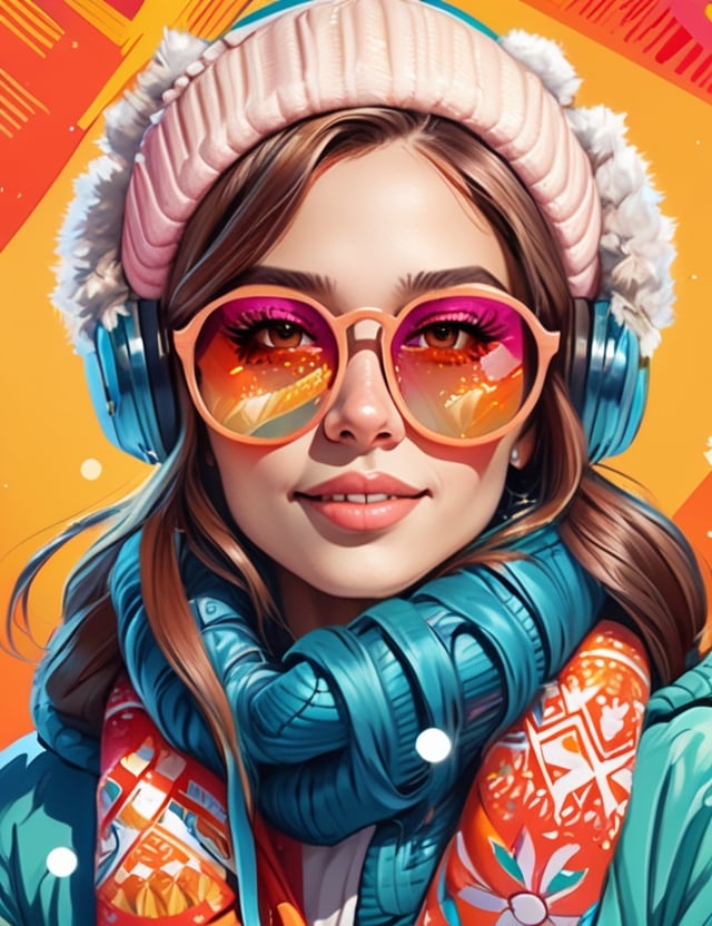 full view of a cute young woman in winter dress and sunglass. Happy, intricate artwork and bright, festive colors 32K,  by AiLove, fit in canvas, bright, clear, sharp, ultra hd, Sparkling, denoise,