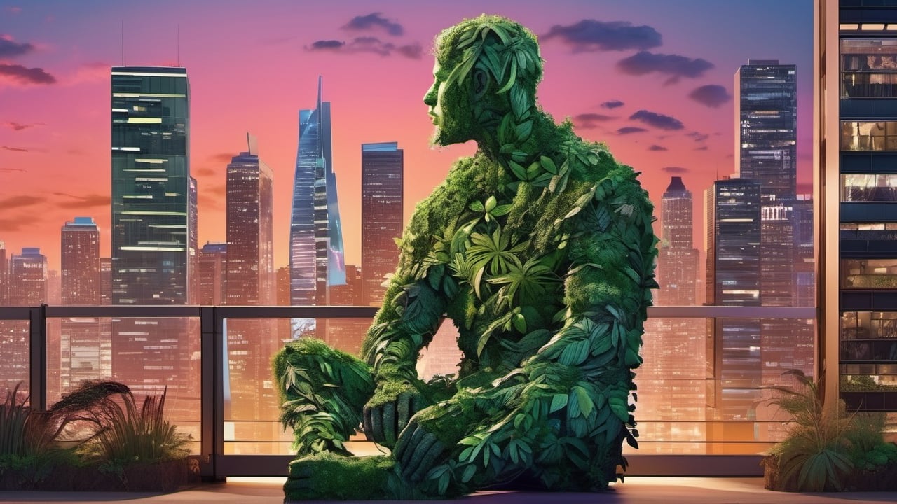 Urban Nature Guardian": Create an evocative image featuring a life-sized human figure composed entirely of lush green plants and leaves, standing against the backdrop of a sprawling modern cityscape. This artwork symbolizes the harmonious coexistence of nature within the bustling urban environment, emphasizing the importance of nature conservation, by AiLove, Bright, Clear, Sparkly, denoise, uhd, highly detailed,