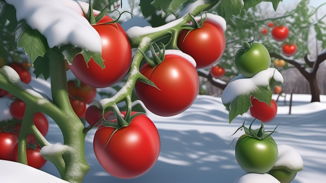 photorealistic, A picturesque winter garden featuring vibrant red and green tomatoes, nestled amidst the snow, creating a striking contrast, highlighting their natural beauty during the winter season , highly details. ultra hd, art by aiLove  glossy, high contrast, vibrant masterpiece, fit in canvas, artstation, 32K, bright, clear, highly sharp, ultra hd, Sparkling, denoise 