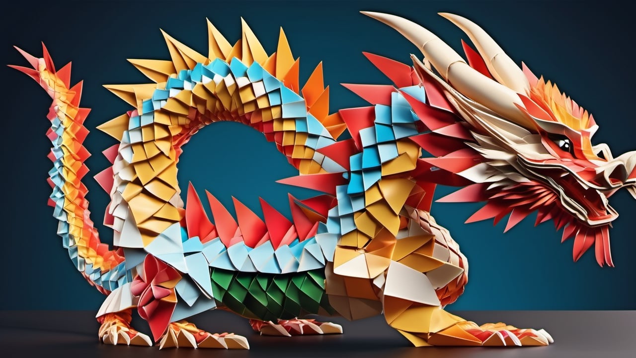 3d, detailed Design an colorful japane dragon that showcases the delicate art of Japanese origami, symbolizing precision and grace in this iconic heritage craft, glossy, 32K,  by AiLove, fit in canvas, bright, clear, sharp, ultra hd, Sparkling, denoise,