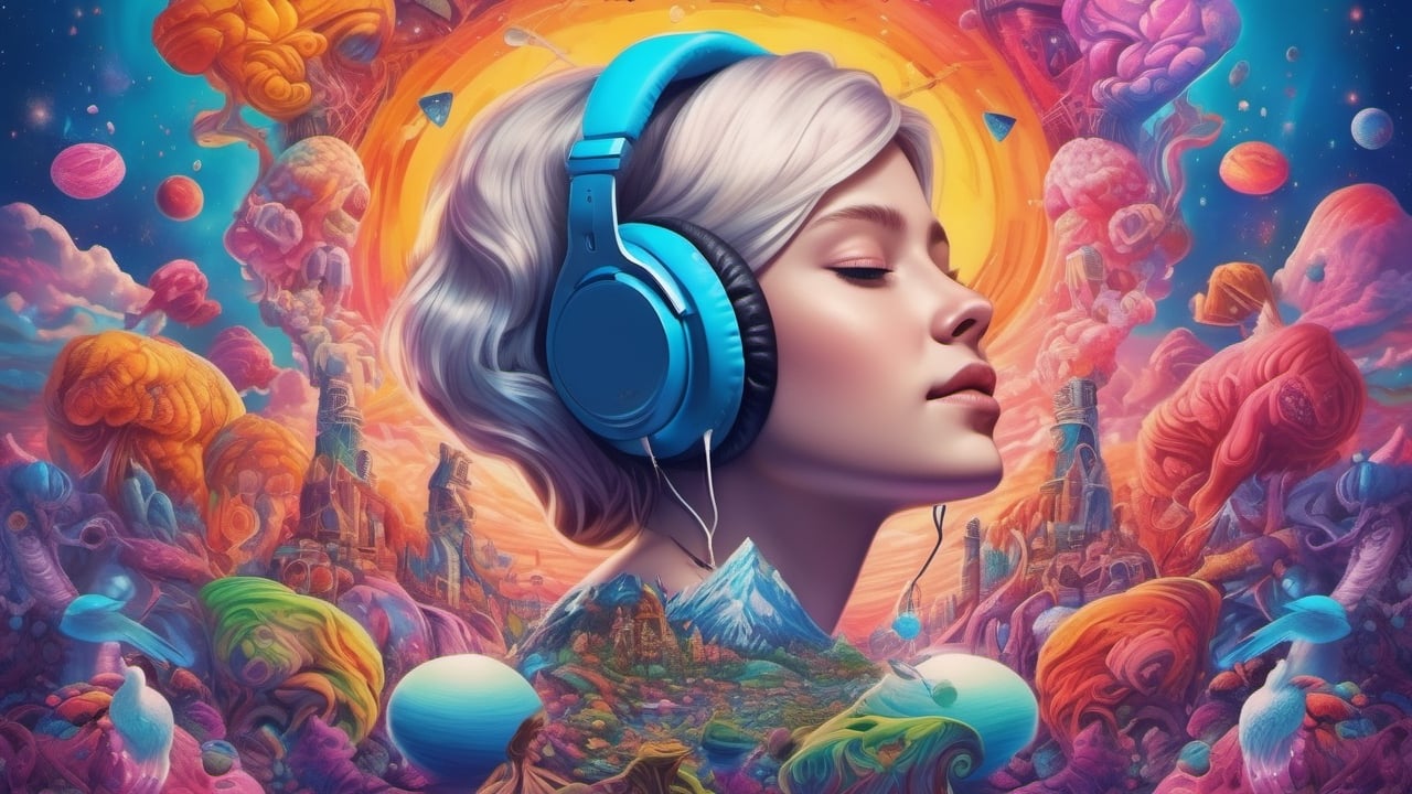 Craft an artistic dreamscape where the woman is seated on a cloud of colors while her headphones transport her into a surreal world of enchanting melodies, 18 year old making it a perfect album cover for dreamy music,  by AiLove, Bright, Clear, Sparkly, denoise, uhd, highly detailed,