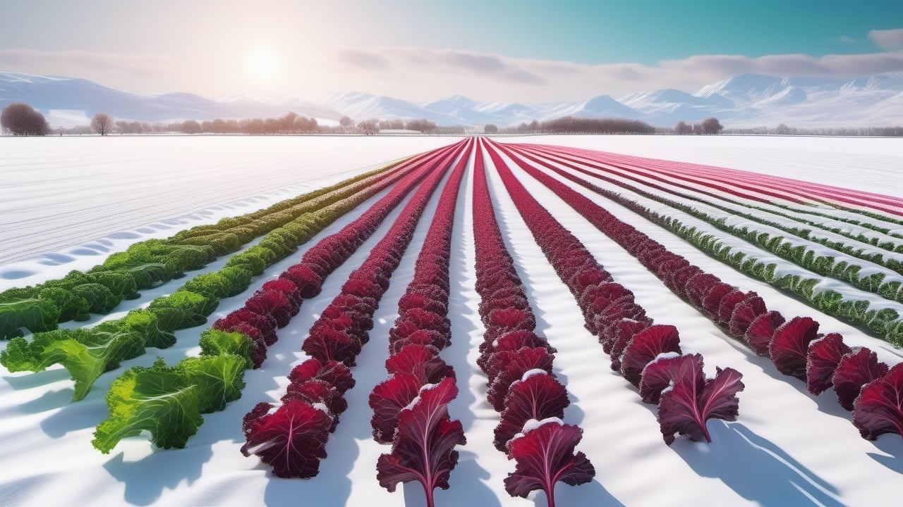 photorealistic, A snowy field with rows of vibrant red and green kale crops standing out against the white landscape, highly glowing, , highly details. ultra hd, art by aiLove  glossy, high contrast, vibrant masterpiece, fit in canvas, artstation, 32K, bright, clear, highly sharp, ultra hd, Sparkling, denoise 