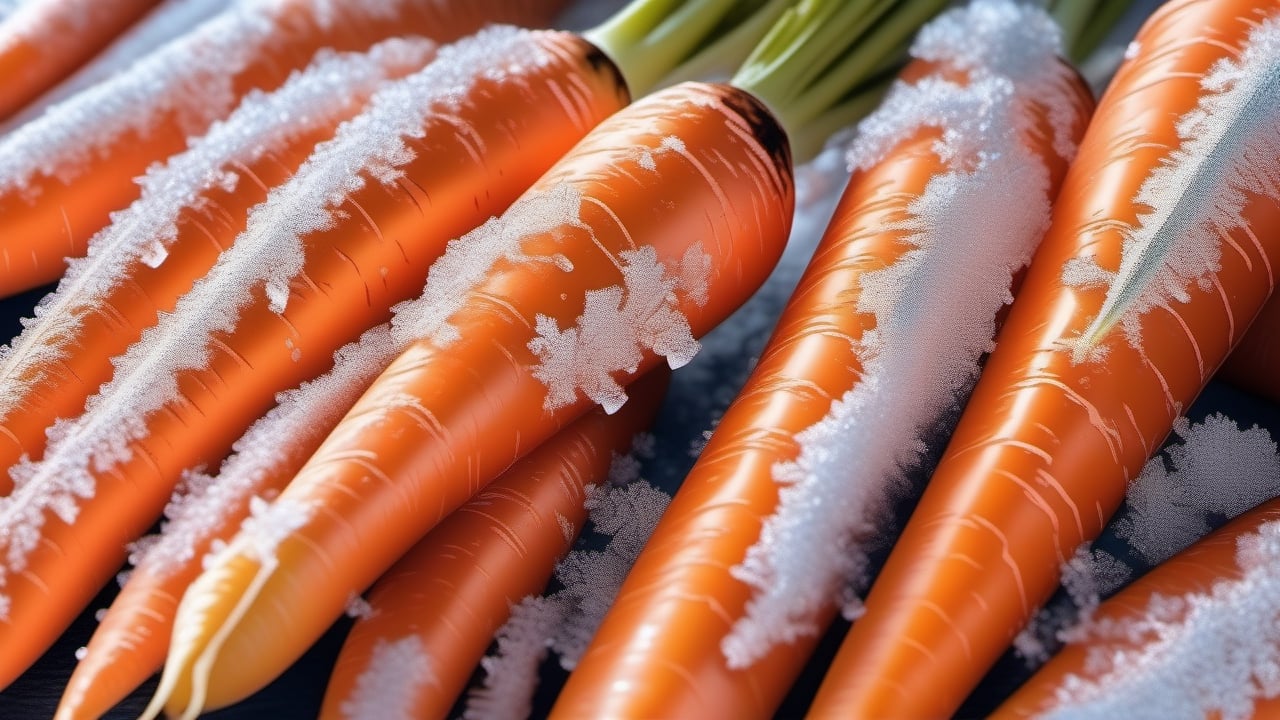 photorealistic,A close-up of glistening frost on ripe carrots, highlighting their natural beauty during the winter season , highly details. ultra hd, art by aiLove  glossy, high contrast, vibrant masterpiece, fit in canvas, artstation, 32K, bright, clear, highly sharp, ultra hd, Sparkling, denoise 