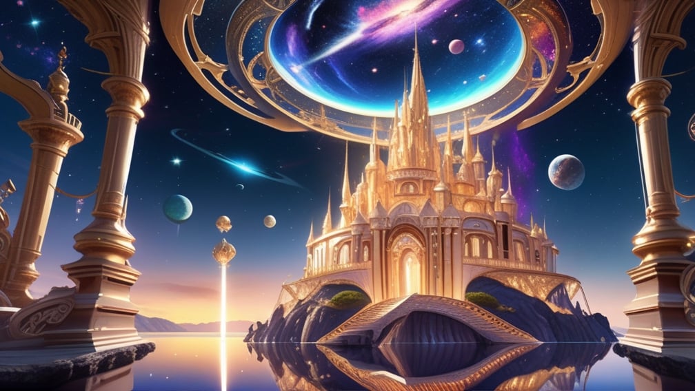 photorealistic, Create an ethereal scene featuring a celestial palace situated atop a floating island in a galaxy filled with sparkling stars, casting a radiant glow..  intricte detail,  highly details. ultra hd, art by aiLove  glossy, high contrast, vibrant masterpiece, fit in canvas, artstation, 32K, bright, clear, highly sharp, ultra hd, Sparkling, denoise 