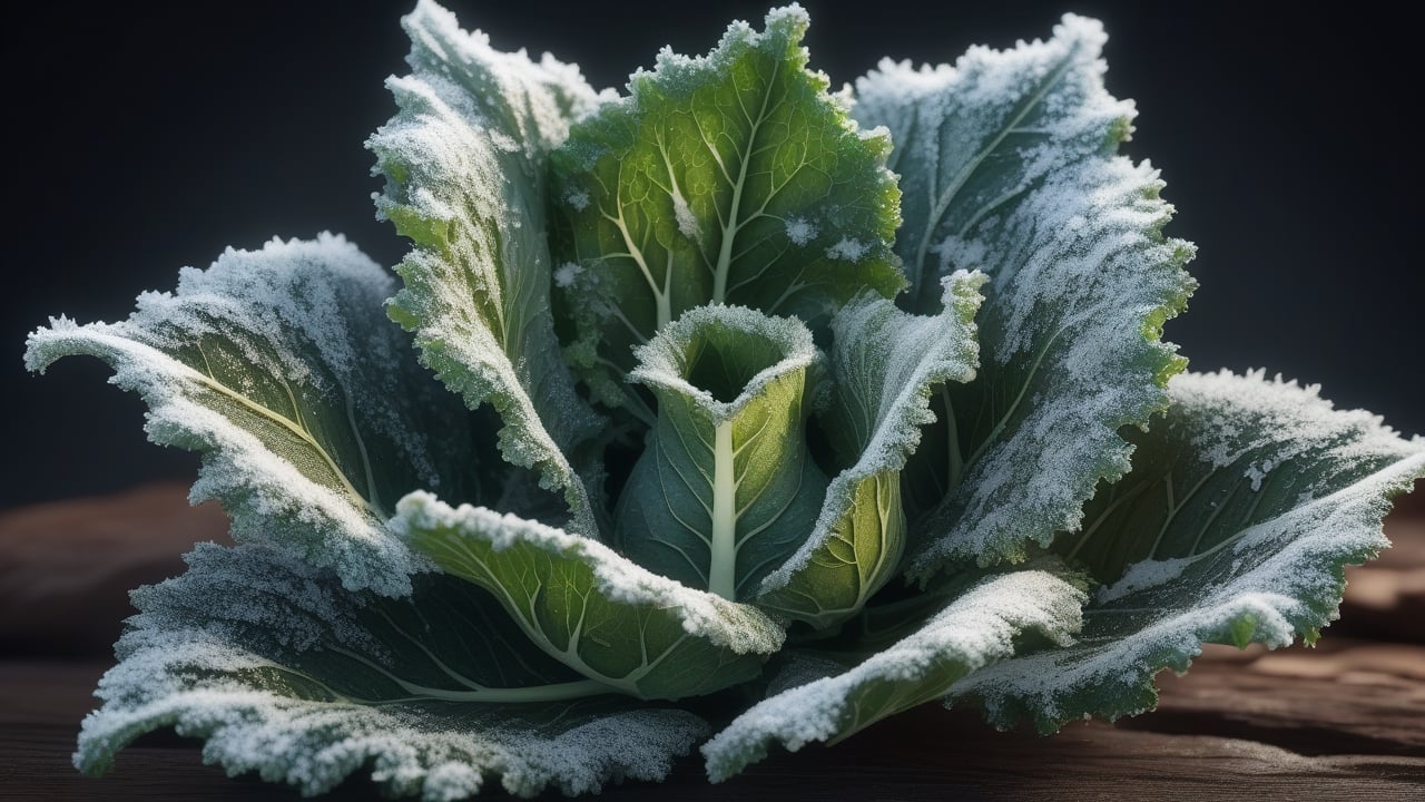 photorealistic, A close-up of frost-kissed kale leaves, showcasing their hardiness and earthy colors in the cold season, highlighting their natural beauty during the winter season , highly details. ultra hd, art by aiLove  glossy, high contrast, vibrant masterpiece, fit in canvas, artstation, 32K, bright, clear, highly sharp, ultra hd, Sparkling, denoise 