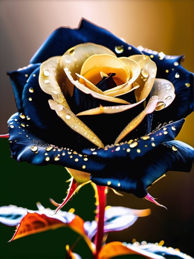 A Beautiful black rose with gold vantablack petals, golden thorns, mystical aura, elegant, rosepunk, thornpunk, dslr photography, wateer droplets on the rose, stunning lighting