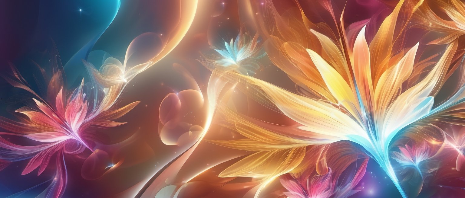 Ethereal abstract background with a mix of cool and warm colors. Wispy and dreamy design, evoking a sense of tranquility. Ideal for fantasy and surreal themes with abstract flower, Digital art.,  32K,  by AiLove, fit in canvas, bright, clear, sharp, ultra hd, Sparkling, denoise, cinematic lighting, Volumetric lighting, ray tracing,,