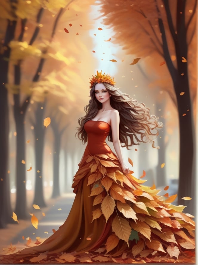 flowing art, oil paint drawing of autumn queen made of autumn leaves, flowing dress of leaves, long hair of leaves,  looking cute, highly details. l. 32k, by AiLove, ultra hd, glossy, highly detailed, high contrast, vibrant masterpiece, artstation, concept art, 24K, by AiLove, fit in canvas, bright, clear, sharp, sparkle, centered,