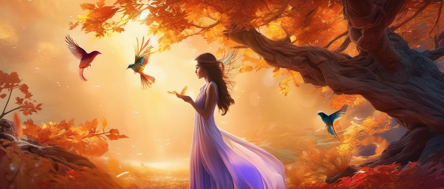 Ethereal abstract background with a mix of cool and warm colors. Wispy and dreamy design, evoking a sense of tranquility. Ideal for fantasy and surreal themes with abstract leaves and branch with a girl and a bird, Digital art.,  32K,  by AiLove, fit in canvas, bright, clear, sharp, ultra hd, Sparkling, denoise, cinematic lighting, Volumetric lighting, ray tracing,,