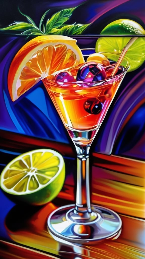 "Impressionism" cocktail, colorful, atmospheric, particles, light strength, with an interesting sweet and sour taste with slight bitterness and with fruit and citrus aroma, Aaron Horkey, Leonid Afremov, Martin Ansin, hdr, high contrast, Mysterious