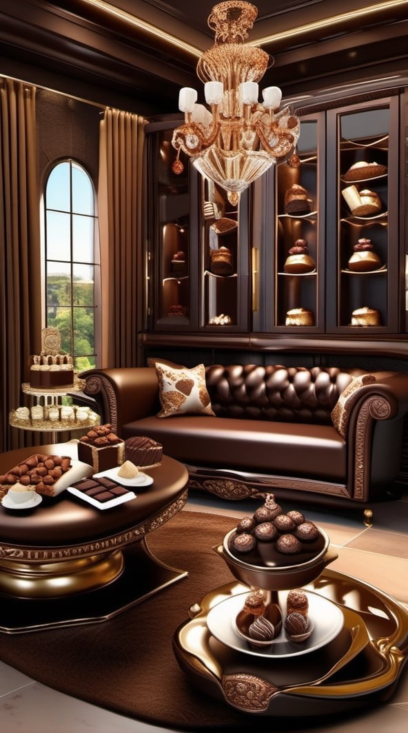 Indulge in a sumptuous chocolate fantasy. Design an image where the entire setting, from landscapes to architecture, is entirely composed of delectable chocolate. Make it a visual feast that appeals to the senses with luscious textures and warm, inviting tones, glossy, sparkle, 32k, uhd, by AiLove,