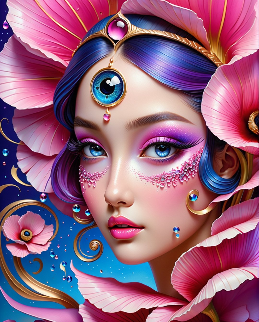 3d, art Deco, glamour impressionism, pink blue  purple and gold glowing multilayers,   Yin Yang s professional masterpiece action painting oil highly stylized painting mixed with lines markers art by Christine Ellger, Josephina Wall, Mark Ryden, digital art, beautiful tender poppy and rye fairy dragon girl, detailed swirling scales sharp glowing eyes, two parts in one art,  . expressive eyes, complex patterns, sunset, detailed petals texture, water drops on petals, detailed transparent petals texture, sculptural art, artistic tender. beautiful, tiny detailed, highly detailed, bright, clear, 