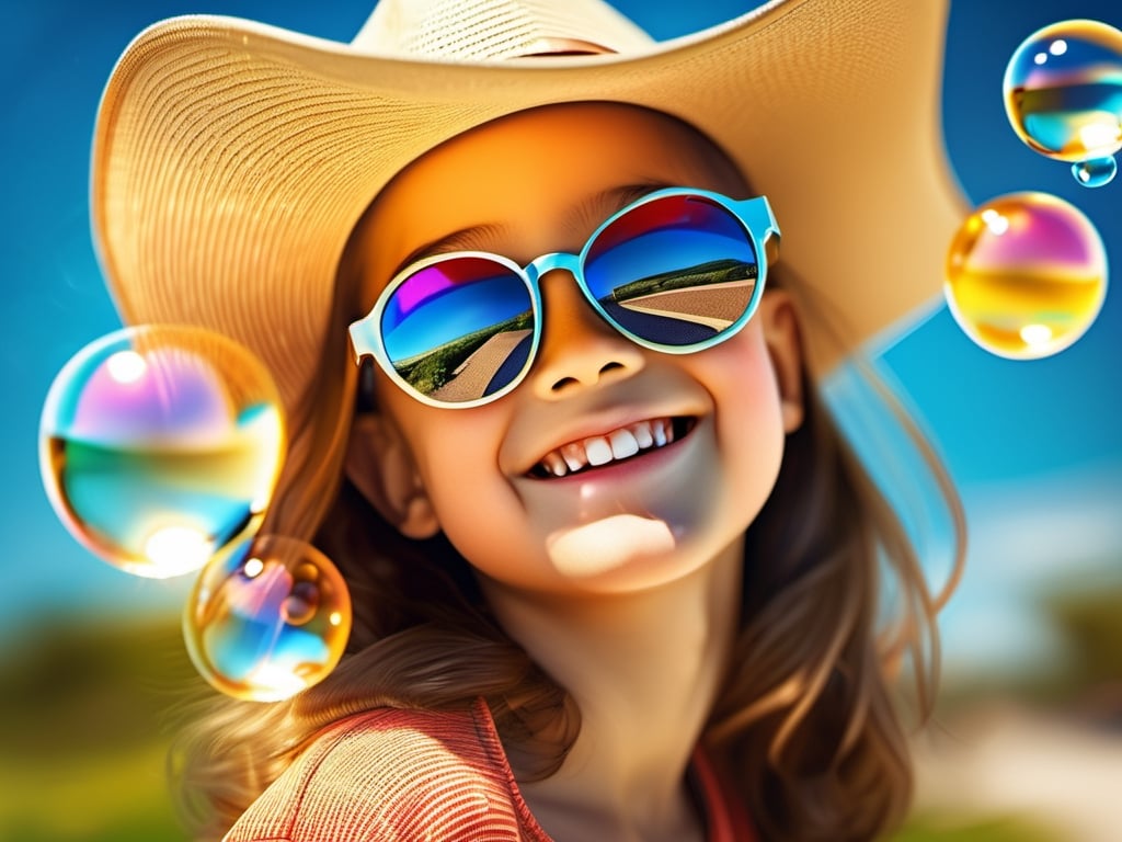 photorealistic, Create a digital artwork capturing the magic of a sunny afternoon. Position the main subject, a happy boy or girl, at one of the intersections of the Rule of Thirds grid. making bubbles, cubism dress style, Surround them with floating bubbles, allowing them to reach toward the opposite grid intersection. Use vibrant colors and soft lighting to enhance the joyful atmosphere. diffused light, 32k, bright, clear, sharp, by Ailove, denoise, highly detail, ar 16:9,