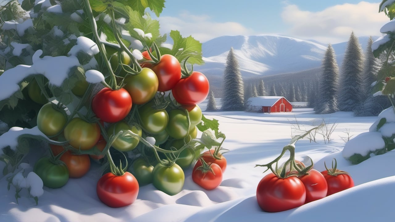 photorealistic, A picturesque winter garden featuring vibrant red and green tomatoes, nestled amidst the snow, creating a striking contrast, highlighting their natural beauty during the winter season , highly details. ultra hd, art by aiLove  glossy, high contrast, vibrant masterpiece, fit in canvas, artstation, 32K, bright, clear, highly sharp, ultra hd, Sparkling, denoise 