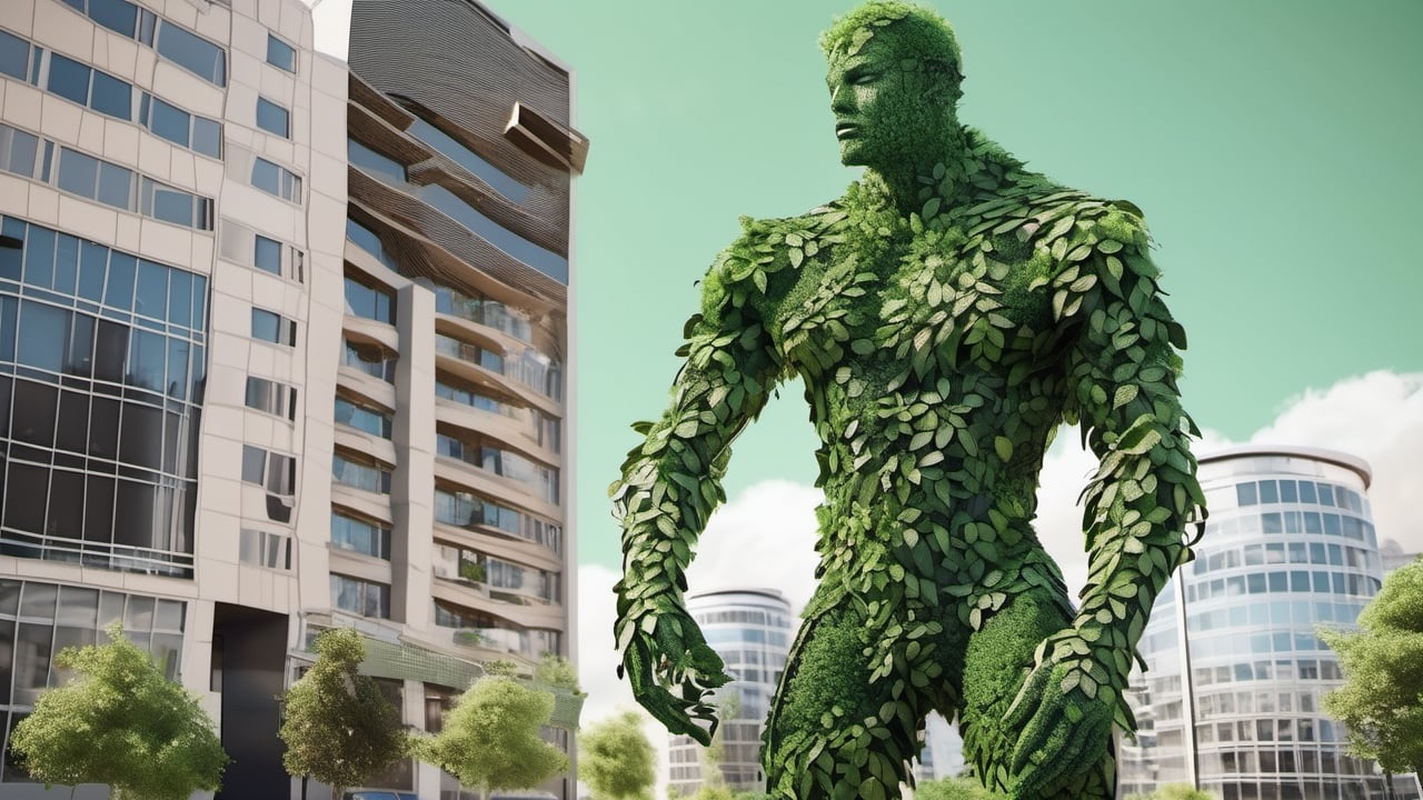 Urban Nature Guardian": Create an evocative image featuring a life-sized human figure composed entirely of lush green plants and leaves, standing against the backdrop of a sprawling modern cityscape. This artwork symbolizes the harmonious coexistence of nature within the bustling urban environment, emphasizing the importance of nature conservation, by AiLove, Bright, Clear, Sparkly, denoise, uhd, highly detailed,