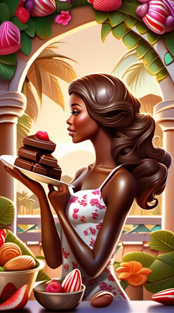 photorealistic, Imagine a whimsical chocolate paradise. Picture a charming, chocolate-crafted young woman surrounded by a garden entirely made of delectable chocolate. This mouthwatering scene should capture the essence of a sweet and dreamy worldr, highly glowing, , highly details. ultra hd, art by aiLove  glossy, high contrast, vibrant masterpiece, fit in canvas, artstation, 32K, bright, clear, highly sharp, ultra hd, Sparkling, denoise 