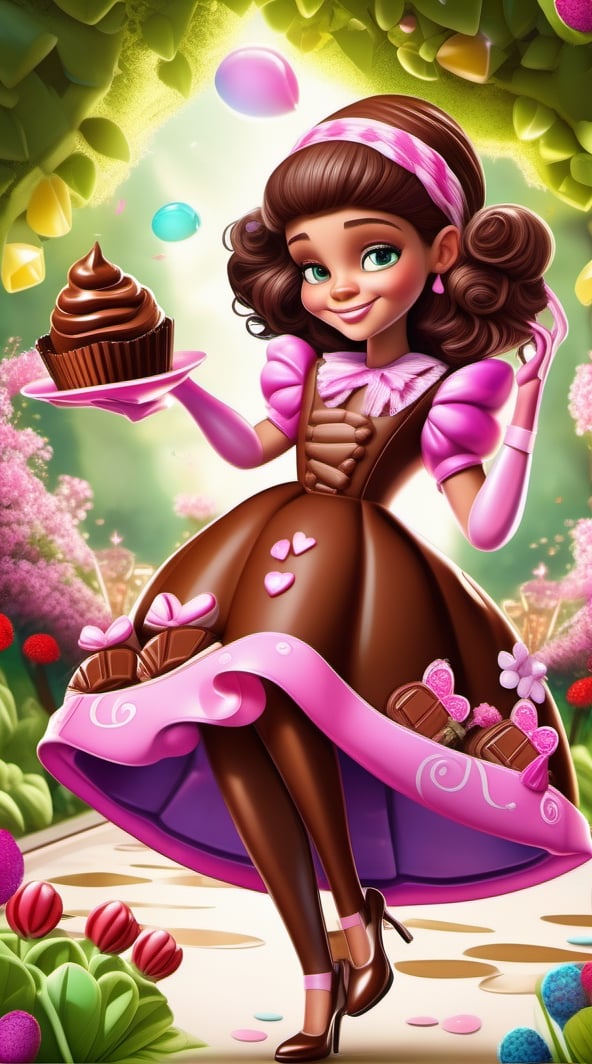 photorealistic, Design a delectable wonderland of chocolate where a cute, life-sized chocolate girl enjoys the surreal beauty of a garden made entirely of chocolate. Bring this enchanting world to life with rich textures and vibrant cocoa-inspired hues, highly glowing, , highly details. ultra hd, art by aiLove  glossy, high contrast, vibrant masterpiece, fit in canvas, artstation, 32K, bright, clear, highly sharp, ultra hd, Sparkling, denoise 