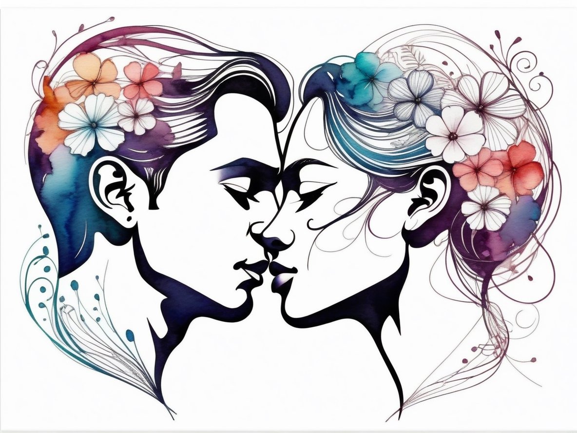 barely visible, minimalist concept art, abstract water color outline sketch of male and female face kissing, blend with intricate floral sketch, calligraphy line,  on a withe background. in a side of canvas, 