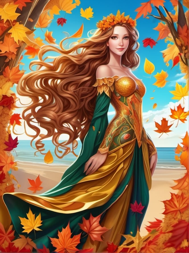 flowing art, oil paint drawing of autumn queen made of autumn leaves, flowing dress of leaves, long hair of leaves,  looking cute, highly details. l. 32k, by AiLove, ultra hd, glossy, highly detailed, high contrast, vibrant masterpiece, artstation, concept art, 24K, by AiLove, fit in canvas, bright, clear, sharp, sparkle, centered,