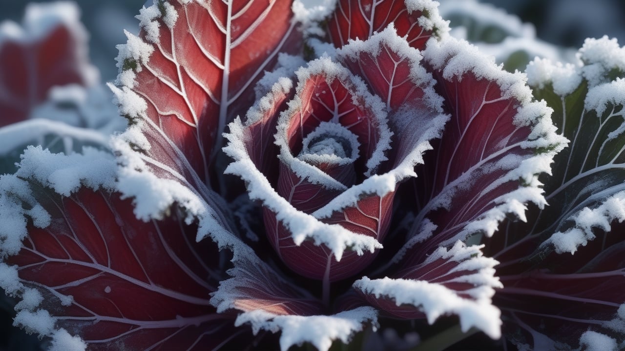 photorealistic, A close-up of frost-kissed kale leaves, showcasing their hardiness and earthy colors in the cold season, highlighting their natural beauty during the winter season , highly details. ultra hd, art by aiLove  glossy, high contrast, vibrant masterpiece, fit in canvas, artstation, 32K, bright, clear, highly sharp, ultra hd, Sparkling, denoise 