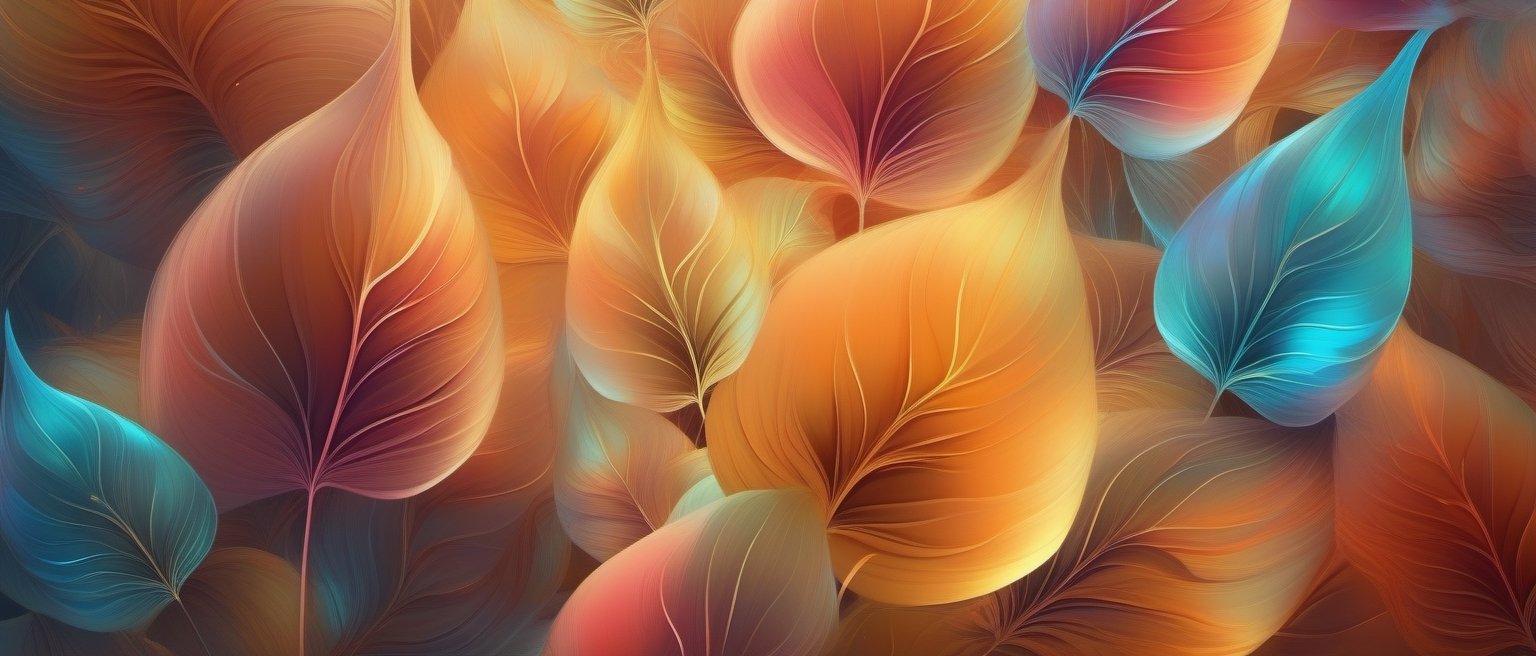 Ethereal abstract background with a mix of cool and warm colors. Wispy and dreamy design, evoking a sense of tranquility. Ideal for fantasy and surreal themes with abstract leaves fluid blending, Digital art.,  32K,  by AiLove, fit in canvas, bright, clear, sharp, ultra hd, Sparkling, denoise, cinematic lighting, Volumetric lighting, ray tracing,,