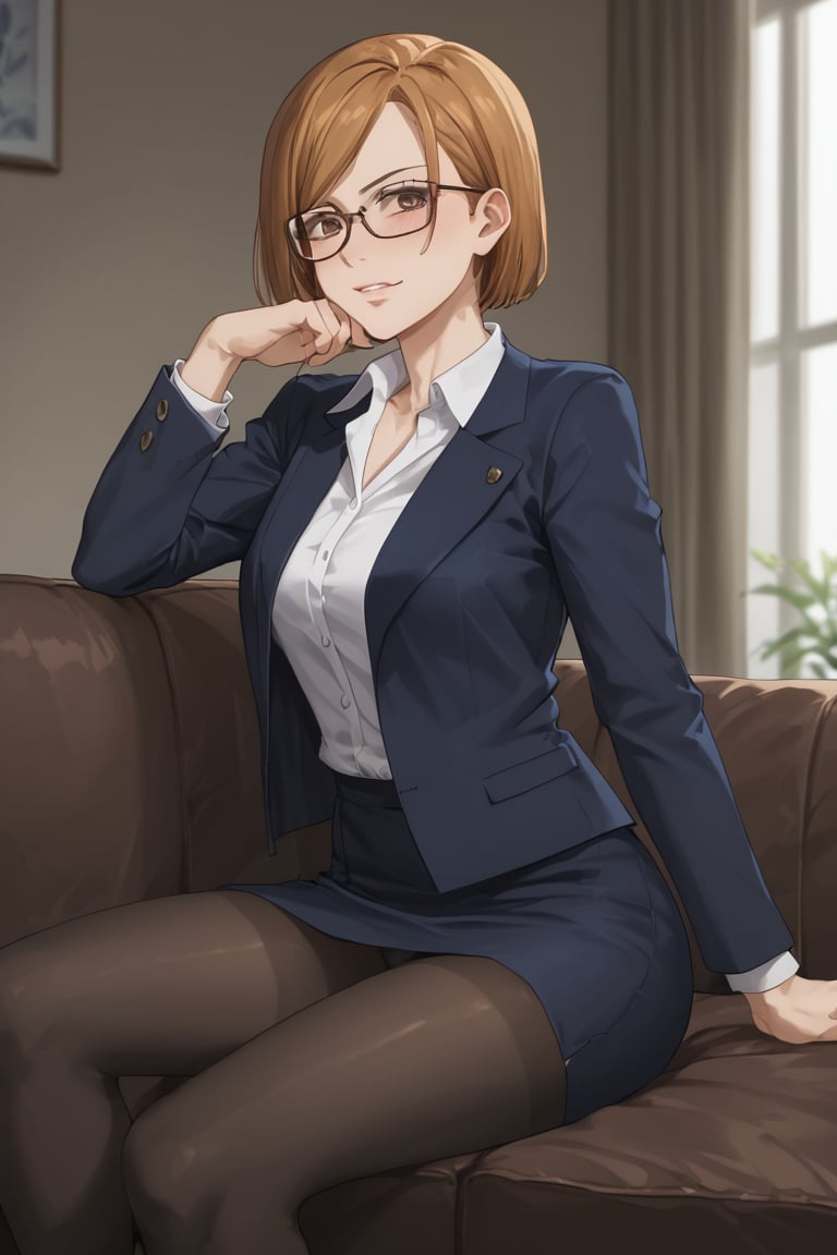 Sitting sofa, blush, sleep with drunk, (score_9, score_8_up, score_7_up),masterpiece, high-quality,perfect anatomy, expressive eyes,(perfect face),((in moody hotel room)), kugisaki nobara, brown hair, brown eyes,glasses, office suits,jacket,white collerdshirts,notie,collarbone,cleavage,mini skirt, black pantyhose, panties, 