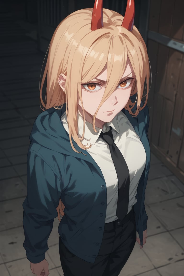 Troubled eyebrows,from above, (score_9, score_8_up, score_7_up), expressive eyes, perfect face,,((in dark Warehouse)),power_v1,red horns, long blonde hair, hair between eye, hoodie,pants suits,necktie, collared shirt, solo_female, 