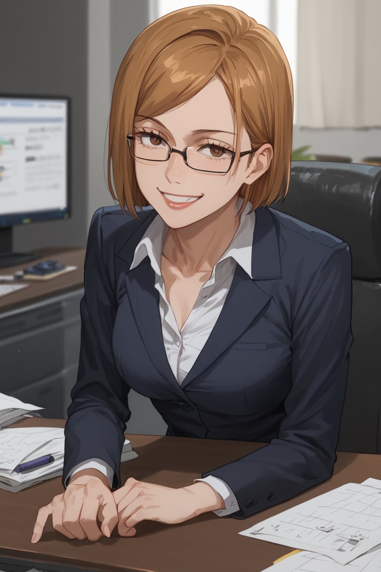 Sitting chair,smile,  talking, (score_9, score_8_up, score_7_up),masterpiece, high-quality,perfect anatomy, expressive eyes,(perfect face),((in office)), kugisaki nobara, brown hair, brown eyes,glasses, office suits,no tie,collarbone chest up shot,