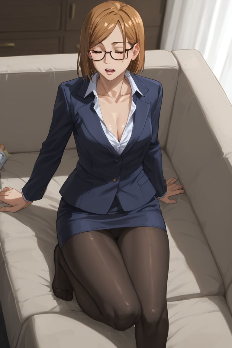 Sitting sofa, blush, sleep with drunk,closed eyes, half open mouth, (score_9, score_8_up, score_7_up),masterpiece, high-quality,perfect anatomy, expressive eyes,(perfect face),((in moody hotel room)), kugisaki nobara, brown hair, brown eyes,glasses, office suits,jacket,white collerdshirts,notie,collarbone,cleavage,mini skirt, black pantyhose, panties, from above 