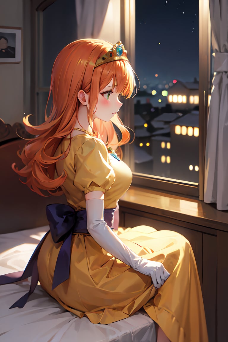 Sitting on bed, blush,cross arms on breast, ((highly detailed)),((perfect anatomy)),masterpiece,scenery,intricately detailed, hyperdetailed, blurry background, depth of field, best quality, intricate details,  tonemapping, sharp focus, hyper detailed, high 1res, ((at night)),((in dark bedroom)) ,dqLaura,orange hair, tiara, necklace, yellow dress,long skirt, elbow gloves,looking away 