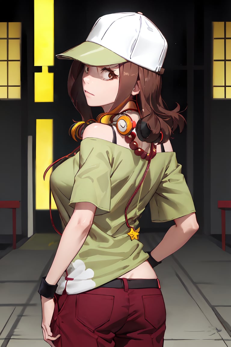 Standing,((highly detailed)),((perfect anatomy)),masterpiece,scenery,intricately detailed, hyperdetailed, blurry background, depth of field, best quality, intricate details,  tonemapping, sharp focus, hyper detailed, high 1res, ((at night)),((in dark japanese room)),gaenizuko, large breasts, hat, long brown hair, brown eyes, headphones, headphones around neck, baseball cap, off-shoulder green shirt, red pants, necklace, jewelry, bare shoulders, wristband, star (symbol), from behind ,constricted pupils