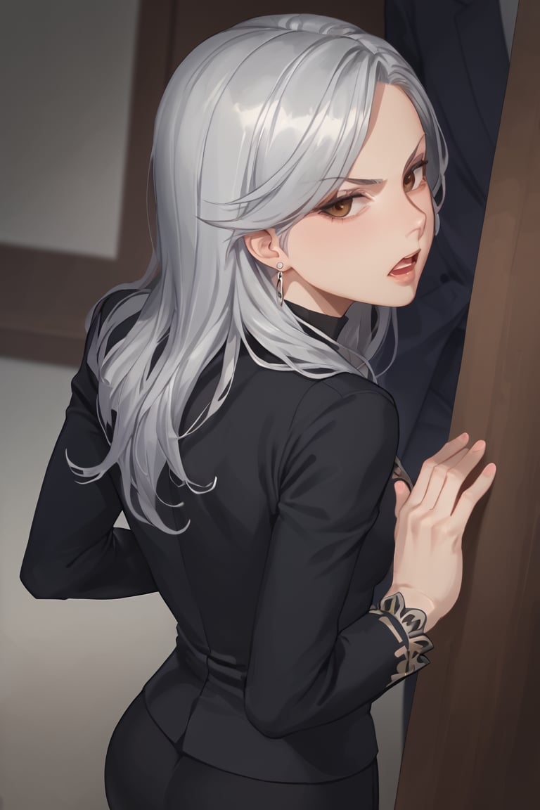 ((Torn clothes)),Standing by behind wall, angry,open  mouth,hands up,((man grab woman body)), (score_9, score_8_up, score_7_up),masterpiece, high-quality,perfect anatomy, expressive eyes,(perfect face),((in room)),saeniijima,makeup, milf,largebreast, lipstick,silver hair, hair ornament, brown eyes,suits style, black jacket, long sleeves, black sweater, turtleneck sweater, earrings, necklace, bra panties,naked hip,back shot, from behind,from above 