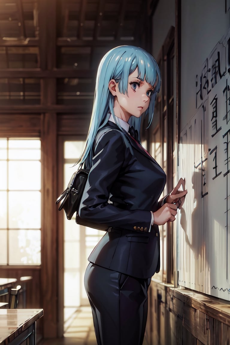  Girl wearing suits, pants,((best quality)),  ((highly detailed)), perfect anatomy, masterpiece,scenery,intricately detailed, hyperdetailed, blurry background, depth of field, best quality, masterpiece, intricate details, tonemapping, sharp focus, hyper detailed, high 1res,in old class room ,from side