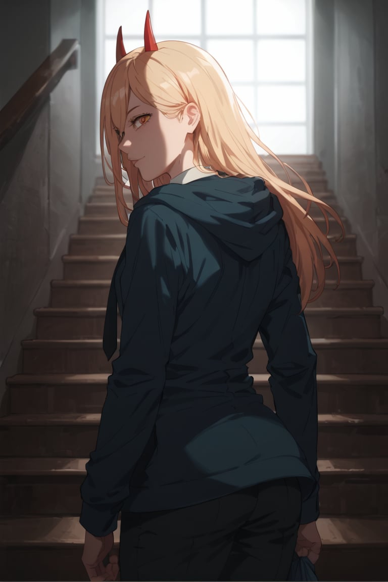 Up Stairs,back shot, sexy hip line, (score_9, score_8_up, score_7_up), expressive eyes, perfect face,,((in dark stairs)),power_v1,red horns, long blonde hair, hair between eye, hoodie,pants suits,necktie, collared shirt, solo_female, 