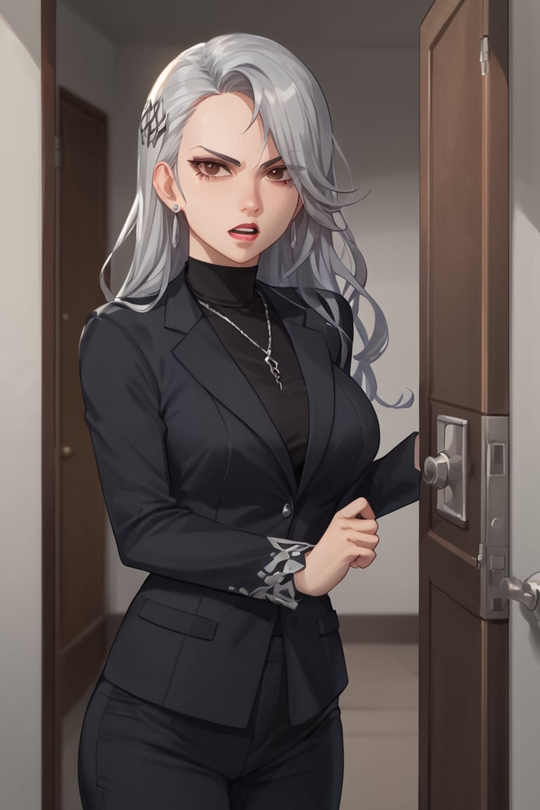 Standing,open door,angry, open mouth,finger point viewer, (score_9, score_8_up, score_7_up),masterpiece, high-quality,perfect anatomy, expressive eyes,(perfect face),((in room)),saeniijima,makeup, milf,largebreast, lipstick,silver hair, hair ornament, brown eyes,suits style, black jacket, long sleeves, black sweater, turtleneck sweater, black pants, earrings, necklace,looking viewer 