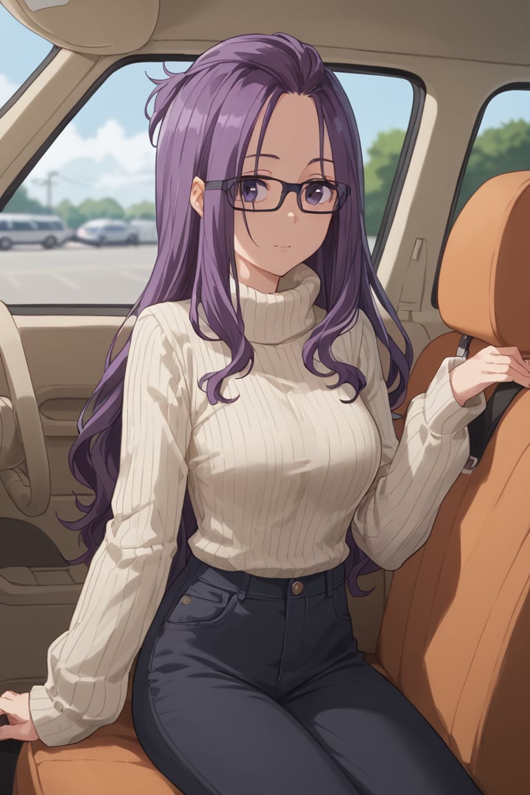 , (score_9, score_8_up, score_7_up),masterpiece, high-quality,perfect anatomy, expressive eyes,(perfect face),((background in the car)) ,sakura kagamihara, long hair, purple eyes, purple hair, glasses, black-framed eyewear, bangs pinned back,long sleeves, sweater, turtleneck, ribbed sweater, turtleneck sweater, pants, denims,