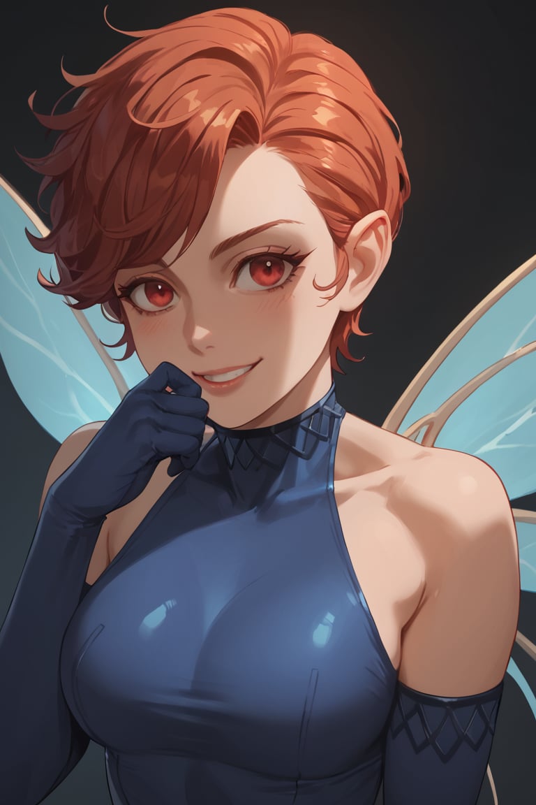 Solo,Smile,(score_9, score_8_up, score_7_up),masterpiece, high-quality,perfect anatomy, expressive eyes,(perfect face),darkness,((in dark bedroom)),pixieSMT, short hair, pointy ears, blue leotard, blue elbow gloves, fairy wings