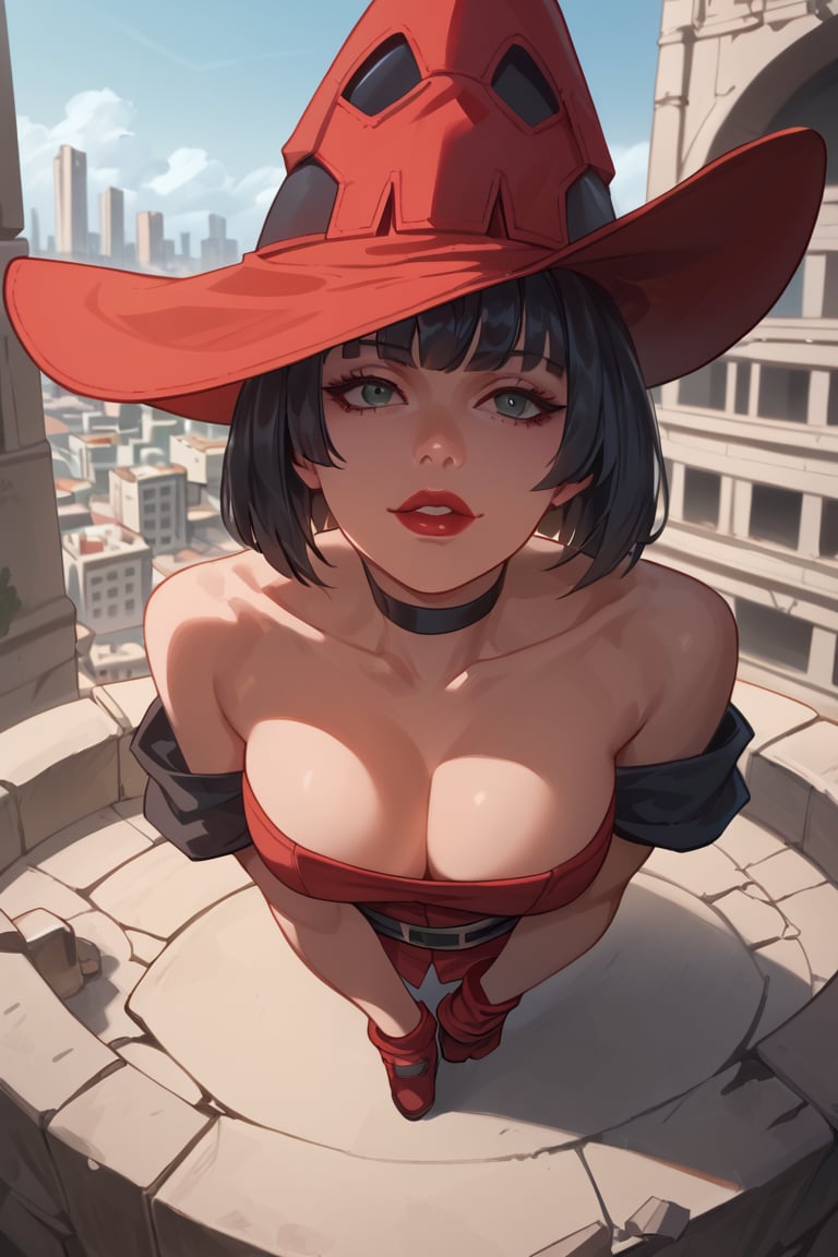 Grinning, (score_9, score_8_up, score_7_up),perfect anatomy, expressive eyes, perfect face,((background is city ruins)) ,XRDINO, BLACK HAIR, LIPSTICK,RED HAT, CHOKER, ((face forcus)),from above, ((face close-up shot)),