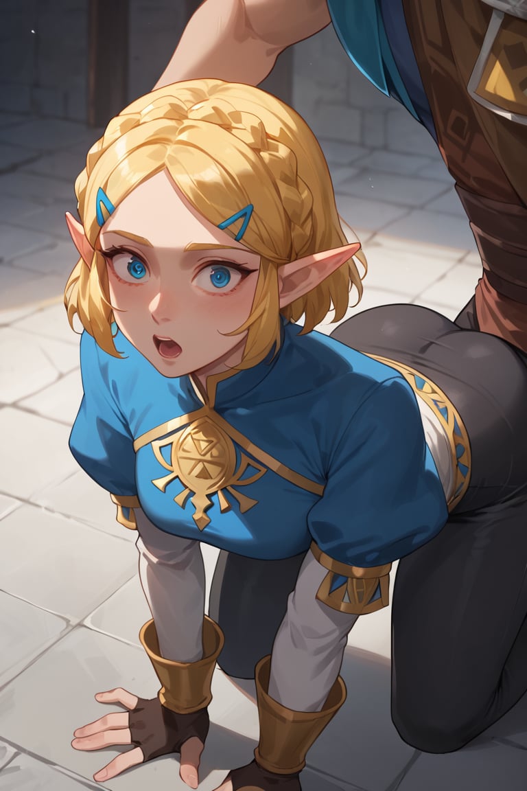 Man kneeling from behind woman, Woman Crawling floor, all fours,surprised eyes, (score_9, score_8_up, score_7_up),masterpiece, high-quality,perfect anatomy, expressive eyes, perfect face,((background is dark dungeon)) ,zelda\(princess\),Blonde hair, short hair, crown braid, hairclip, pointy ears, brown cape, blue shirt, puffy sleeves, long sleeves, fingerless gloves, black gloves, black pants, tight pants,hip shot ,from behind above,woman looking man