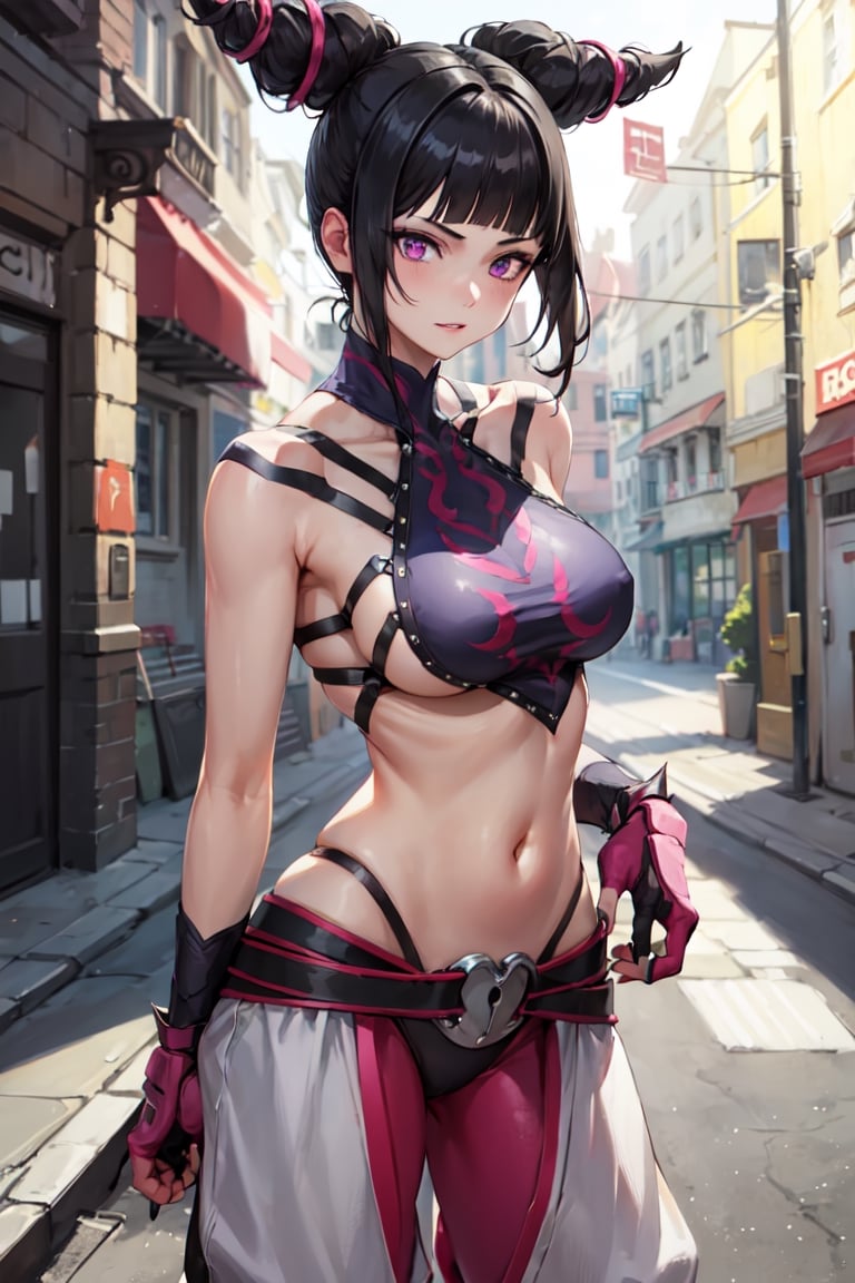 Girl standing, onejuri, purple eyes, evil grrin, baggy pants, white pants, black panties, panties over clothes,((best quality)),  ((highly detailed)), masterpiece,scenery,intricately detailed, hyperdetailed, blurry background, depth of field, best quality, masterpiece, intricate details, tonemapping, sharp focus, hyper detailed, high 1res, in street,