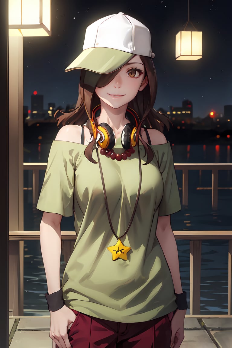 Standing,Smile,((highly detailed)),((perfect anatomy)),masterpiece,scenery,intricately detailed, hyperdetailed, blurry background, depth of field, best quality, intricate details,  tonemapping, sharp focus, hyper detailed, high 1res, ((at night)),((in dark japanese room)),gaenizuko, large breasts, hat, long brown hair, brown eyes, headphones, headphones around neck, baseball cap, off-shoulder green shirt, red pants, necklace, jewelry, bare shoulders, wristband, star (symbol), hat over one eye