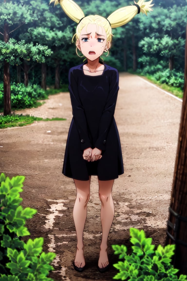 1girl, standing, anguish,open mouth,sweat face,((best quality)),((highly detailed)), perfect anatomy, masterpiece,scenery,intricately detailed, hyperdetailed, blurry background, depth of field, best quality, masterpiece, intricate details, tonemapping, sharp focus, hyper detailed, high 1res,MomoNishimiya,blonde twin tail hair,small breast,collarbone,black witch dress, long sleeve,in dark forest, ((at night)),((darkness))