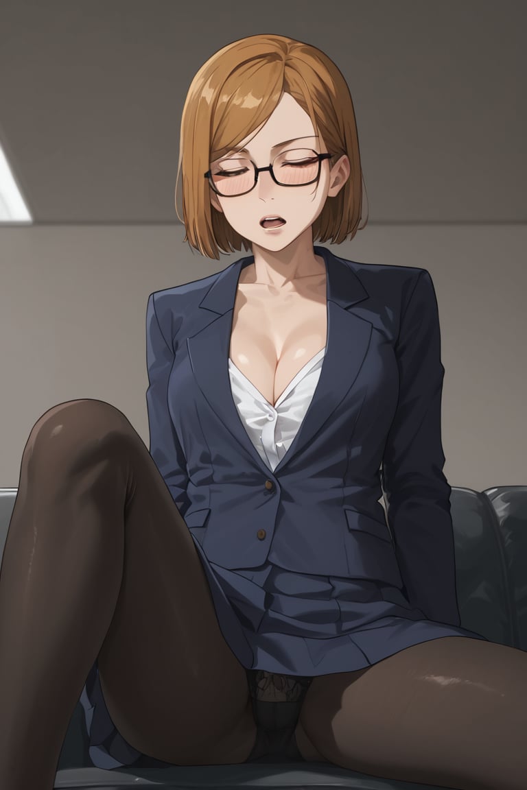 Sitting sofa, blush, sleep with drunk,closed eyes, half open mouth,open  legs, (score_9, score_8_up, score_7_up),masterpiece, high-quality,perfect anatomy, expressive eyes,(perfect face),((in moody hotel room)), kugisaki nobara, brown hair, brown eyes,glasses, office suits,jacket,white collerdshirts,notie,collarbone,cleavage,mini skirt, black pantyhose, panties, from below 