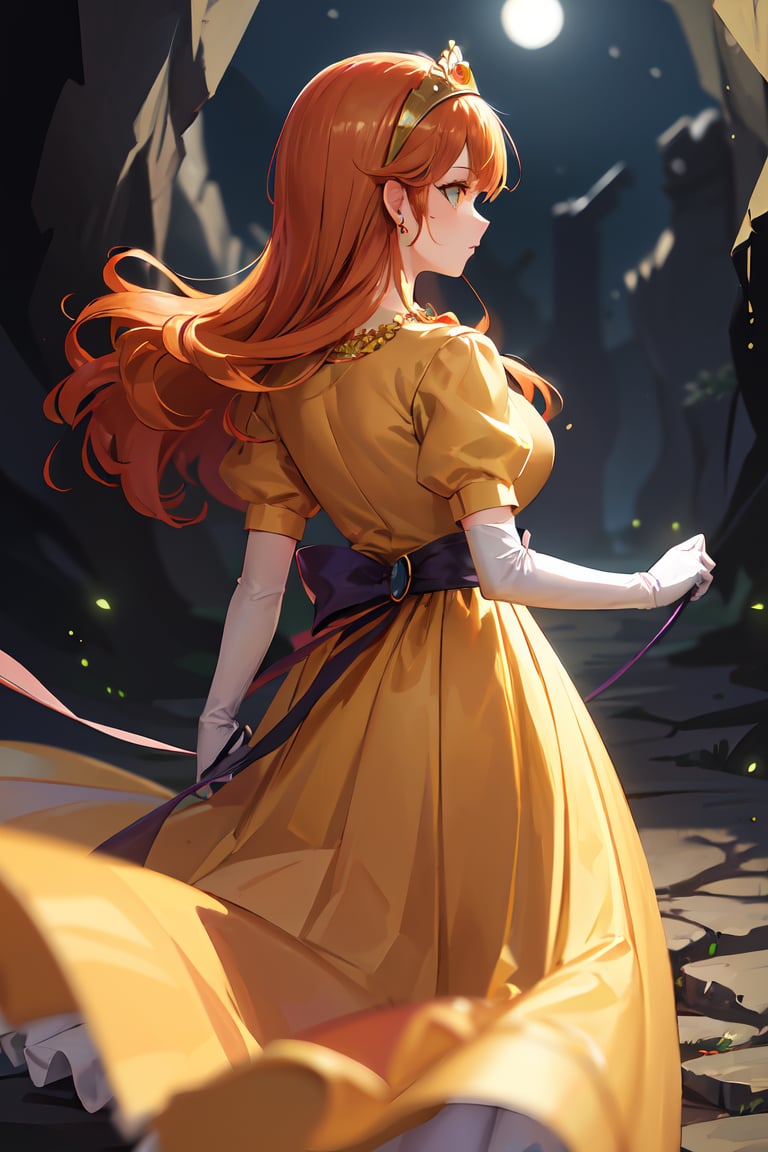 Walking, ((highly detailed)),((perfect anatomy)),masterpiece,scenery,intricately detailed, hyperdetailed, blurry background, depth of field, best quality, intricate details,  tonemapping, sharp focus, hyper detailed, high 1res, ((at night)),((in dark cave)) ,dqLaura,orange hair, tiara, necklace, yellow dress,long skirt, elbow gloves,from behind 