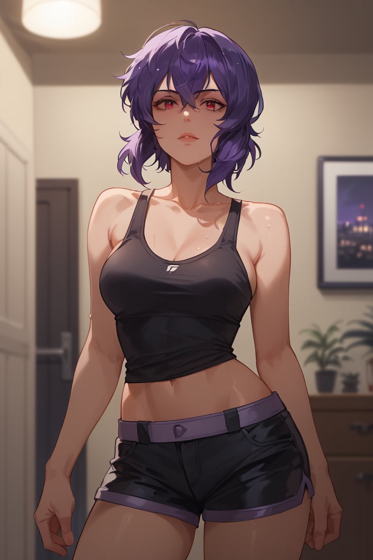 Standing woman,soaked hair,(score_9, score_8_up, score_7_up),masterpiece, high-quality,perfect anatomy, expressive eyes, perfect face,((background is room at night)) ,motokosac, red eyesc, purple hair, black Tanktop, bellybutton, black shorts,