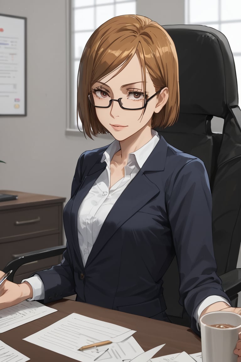 Sitting chair,speak with another, (score_9, score_8_up, score_7_up),masterpiece, high-quality,perfect anatomy, expressive eyes,(perfect face),((in office)), kugisaki nobara, brown hair, brown eyes,glasses, office suits,no tie,collarbone chest up shot,