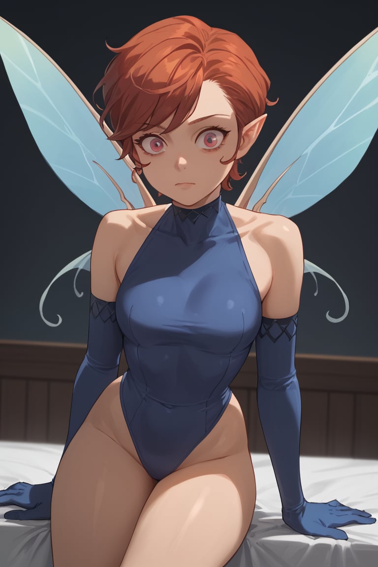 Solo,Surprised eyes, closed mouth,(score_9, score_8_up, score_7_up),masterpiece, high-quality,perfect anatomy, expressive eyes,(perfect face),darkness,((in dark bedroom)),pixieSMT, short hair, pointy ears, blue leotard, blue elbow gloves, fairy wings