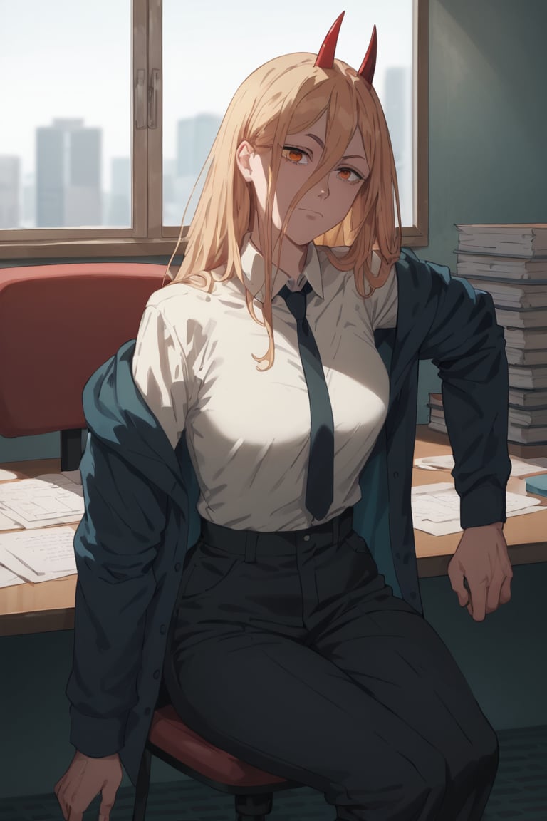 Sitting chair, head down on table,boredom face, (score_9, score_8_up, score_7_up), expressive eyes, perfect face,,((in dark office)),power_v1,red horns, long blonde hair, hair between eye, hoodie,pants suits collared shirt, 