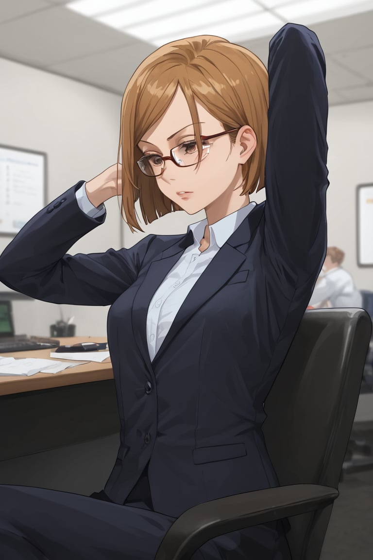 Sitting chair, half closed eyes, tears, ((stretch oneself)), ((hands up)),(score_9, score_8_up, score_7_up),masterpiece, high-quality,perfect anatomy, expressive eyes,(perfect face),((in office)), kugisaki nobara, brown hair, brown eyes,glasses, office suits,no tie,collarbone chest up shot,arms up, stretching