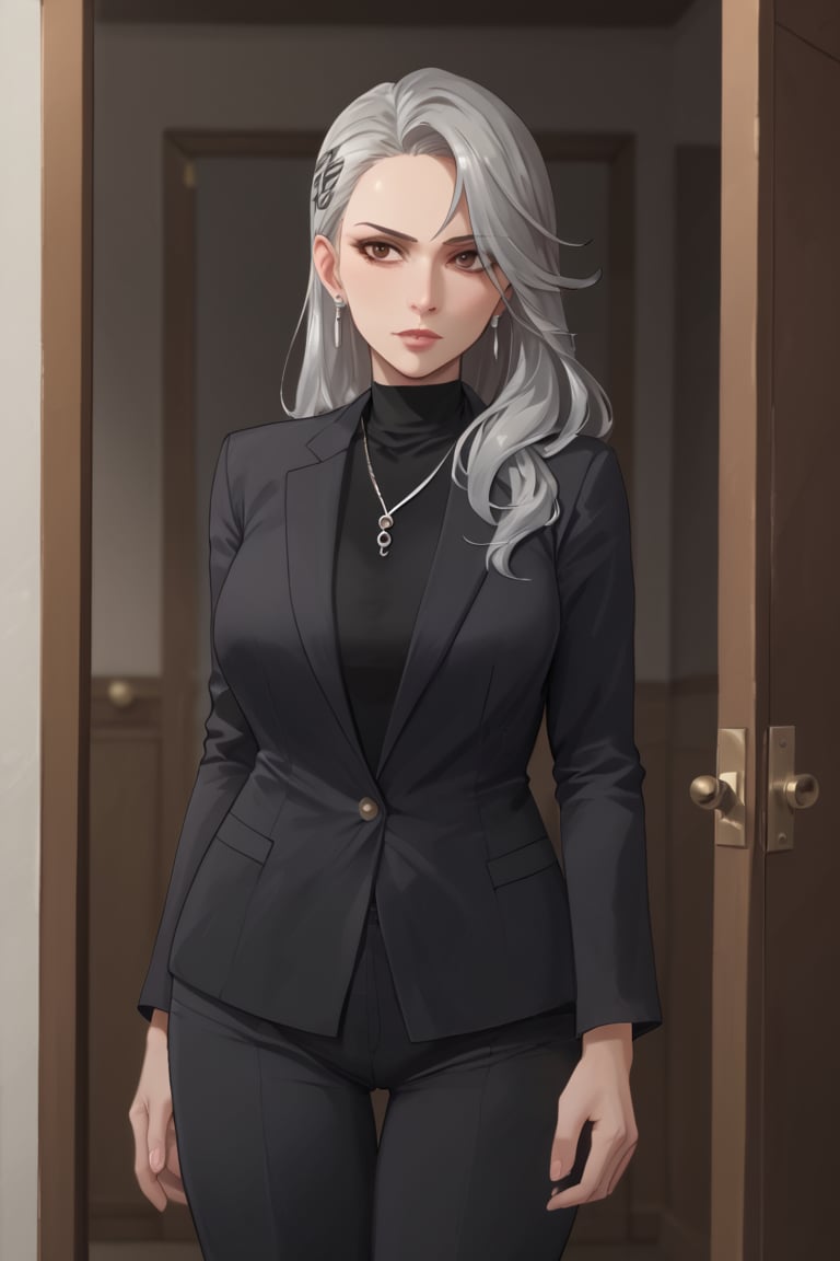 Standing,open door,tired face,no expression, (score_9, score_8_up, score_7_up),masterpiece, high-quality,perfect anatomy, expressive eyes,(perfect face),((in room)),saeniijima,makeup, milf,largebreast, lipstick,silver hair, hair ornament, brown eyes,suits style, black jacket, long sleeves, black sweater, turtleneck sweater, black pants, earrings, necklace